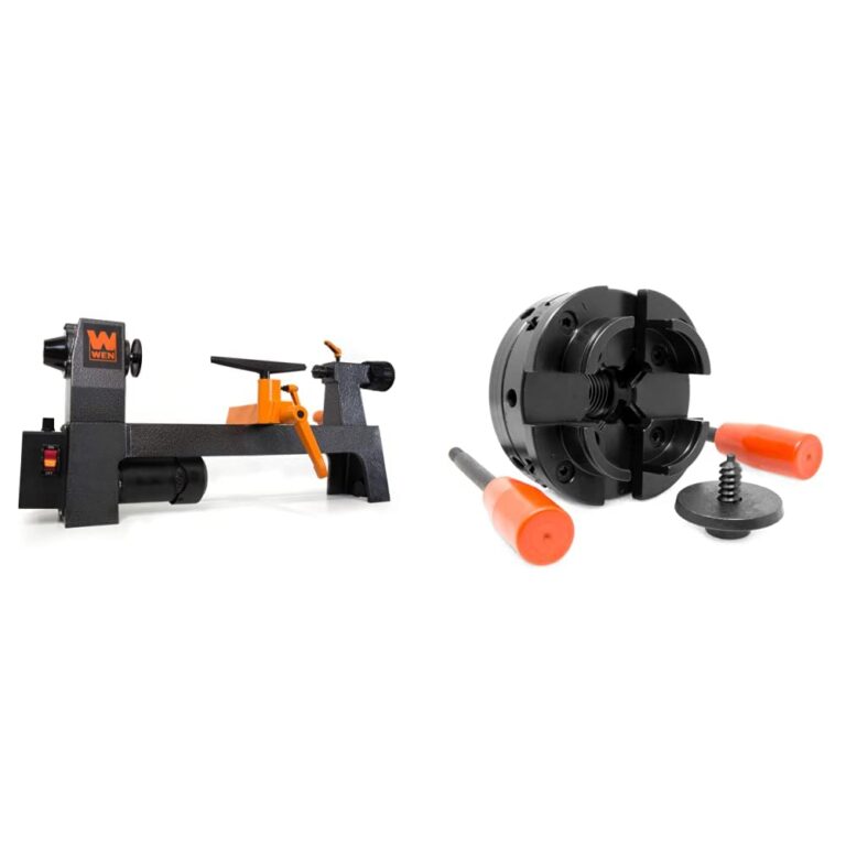 WEN LA3421 3.2-Amp 8-Inch by 13-Inch Variable Speed Mini Benchtop Wood Lathe, Black & WEN LA4444 4-Inch 4-Jaw Self-Centering Chuck Set with 1-Inch x 8TPI Thread