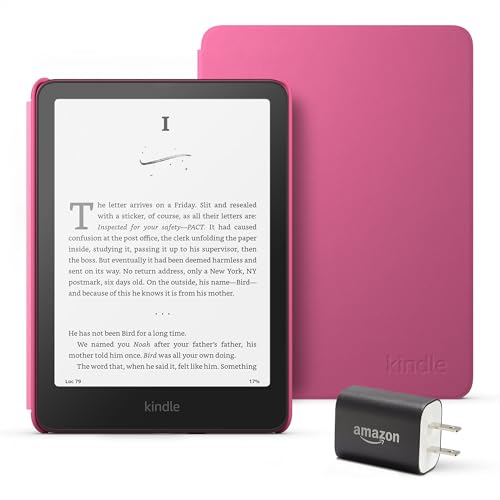 Kindle Paperwhite Essentials Bundle including All-new Kindle Paperwhite (16GB) - Raspberry, Plant-Based Leather Cover - Raspberry, and Power Adapter