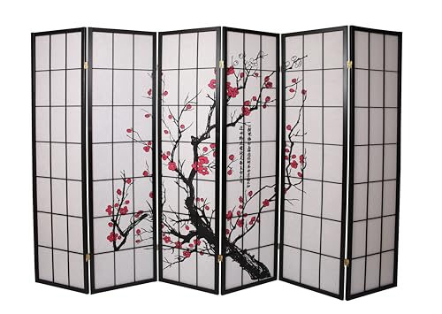 Legacy Decor 6-Panel Blossom Screen - Portable, Foldable Shoji Style Room Divider - Plum Blossom, Freestanding Room Privacy Dressing Screen - Temporary Wall Partition for Home, Office & Studio - Black