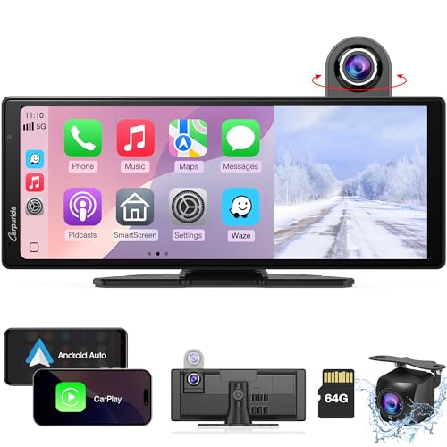 2025 Carpuride Wireless Carplay & Android Auto with Dash Cam - 10.26 Inch HD IPS Touch Car Play Screen for Car, 4K Front & 1080P Rear Camera, Loop Recording, Bluetooth Audio, Mirror Link, GPS, Siri