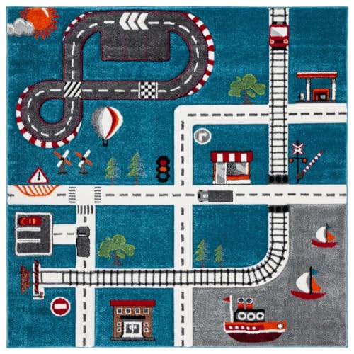SAFAVIEH Carousel Kids 100 Collection Square Rug - 8', Turquoise & Ivory, Transitional Design, Stain Resistant, Ideal for High Traffic Areas in Bedroom, Dining Room & Kitchen (CRK192K-8SQ)
