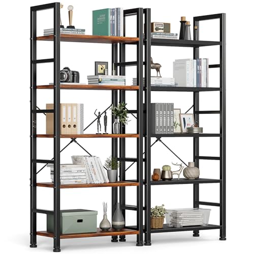 DUMOS 5-Tier Book Shelf Tall Modern Bookcase Set of 2 for Books, CDs, Movies, Storage and Organization Bookshelf Industrial Home Decor for Bedroom Office Kitchen Living Room, Black & Brown