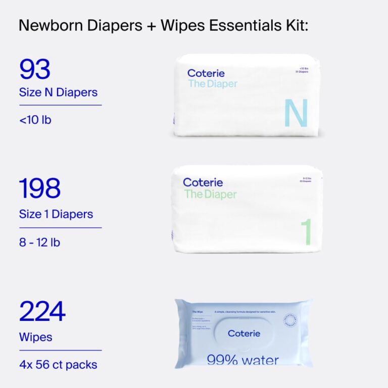 Coterie Baby Wipes + Diapers Kit, Size 1 (198 Count) & Size Newborn Diapers (93 Count), 4 Pack (224) Wipes with 99% Water, Plant Based Materials, Hypoallergenic for Sensitive Skin, Baby Essentials - Image 6