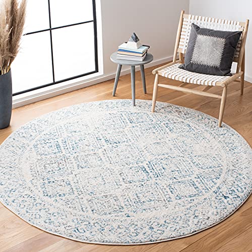 SAFAVIEH Tulum Collection 8' Round Ivory/Turquoise TUL264B Moroccan Boho Distressed Non-Shedding Entryway Foyer Living Room Bedroom Kitchen Area Rug