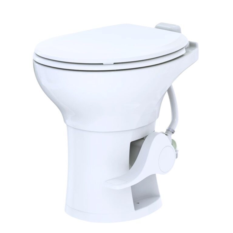 SEAFLO Residential Height Camper/RV Toilet with Elongated Ceramic Bowl, 19” Standard Height, Gravity Flush System, Foot Pedal Operation, Soft Close Seat, 4-Year Warranty