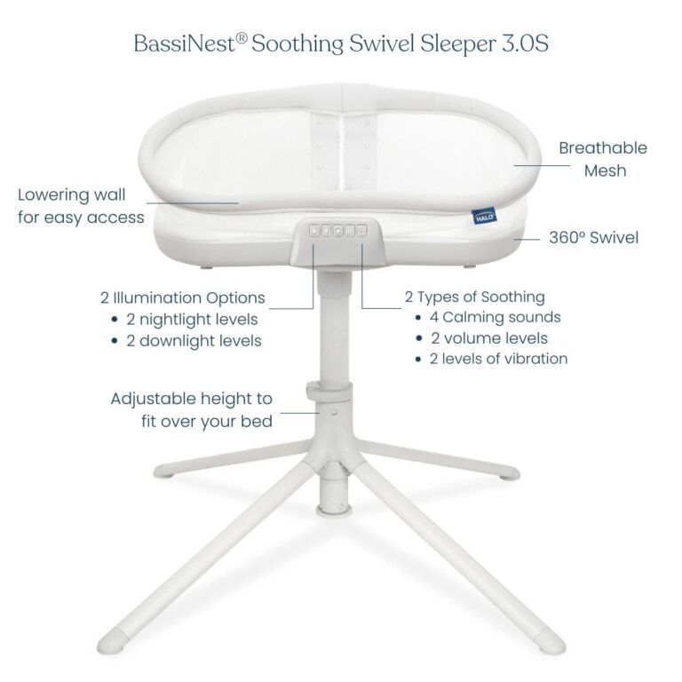 HALO BassiNest Soothing Swivel Sleeper 3.0S – Over-Bed Baby Bassinet with 360 Rotation, Adjustable Height, Breathable Mesh, Calm Sounds & Vibrations, Safe Close Sleeping, Lowering Wall for Easy Access - Image 8