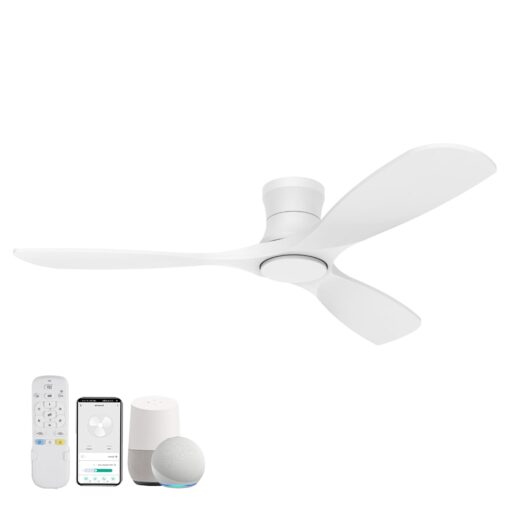 Livory 52” Wood Smart Flush Mount Ceiling Fans with Lights and Remote,Quiet DC Motor,Outdoor Indoor Ultra Low Profile Ceiling Fan works with Alexa WIFI APP,Modern White Ceiling Fan for Bedroom Patio
