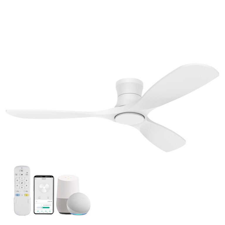 Livory 52” Wood Smart Flush Mount Ceiling Fans with Lights and Remote,Quiet DC Motor,Outdoor Indoor Ultra Low Profile Ceiling Fan works with Alexa WIFI APP,Modern White Ceiling Fan for Bedroom Patio