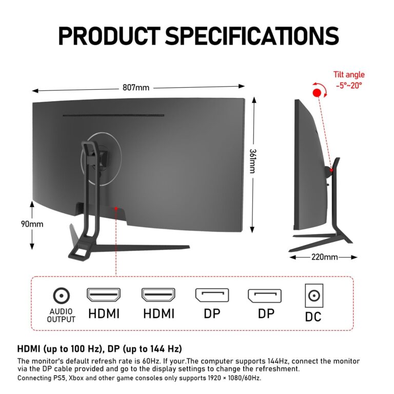 Gawfolk 34 Inch Ultrawide Curved 144Hz Gaming Computer Monitor 1500R PC Screen 21:9 UWQHD (3440x1440),Adaptive Sync,178° Viewing Angle,Display Port、HDMI2.0,Compatible with Wall mounting - Black - Image 2