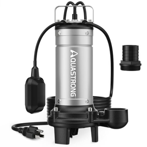 Aquastrong 1HP Sewage Sump Pump, Stainless Steel, 115V Automatic Float Switch, Cast Iron Impeller, Submersible Effluent/Sewage Pump for Sump Basin, Basement, 2'' NPT Discharge with 5283GPH