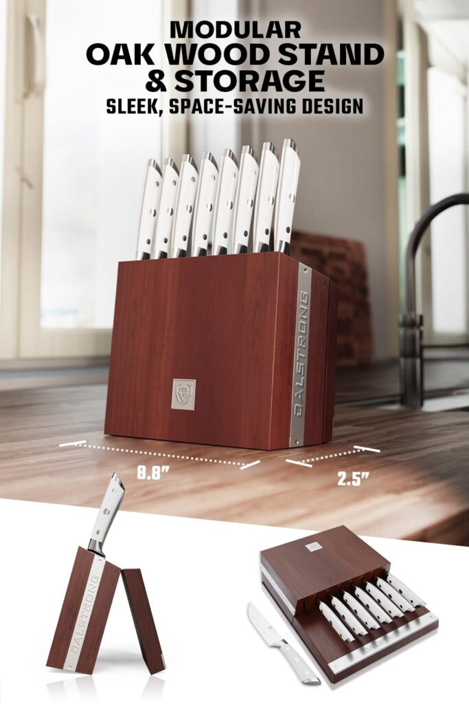Dalstrong Steak Knife Set with Folding Block - 8 Pc - Gladiator Series - 5" Straight Edge Blade - Forged High-Carbon German Steel - w/Modular Storage Block - Glacial White ABS Handle - NSF Certified - Image 7