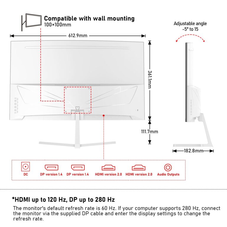 Gawfolk 27 Inch PC Computer Screen,1800R Curved Gaming 280Hz Monitors, FHD 1080p 1ms, Freesync, 98% sRGB,178 ° Angle View HDMI2.0、DisplayPort, Compatible with Wall-Mounted 100 * 100MM-White - Image 3
