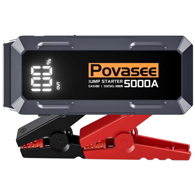 Povasee Car Battery Jump Starter 5000A Jump Box (All Gas/10L Diesel) Portable Car Jump Starter Battery Pack, 12V Jumper Starter Portable 3" LCD Display/Power Bank/Dual Output/LED Light DC