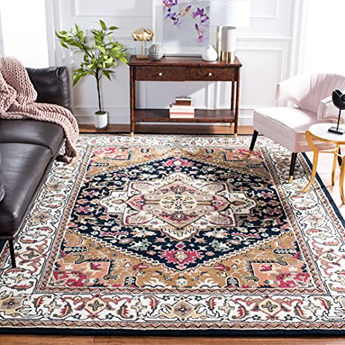 SAFAVIEH Heritage Collection Area Rug - 8' Square, Navy & Brown, Handmade Traditional Oriental Wool, Ideal for High Traffic Areas in Living Room, Bedroom (HG625T)