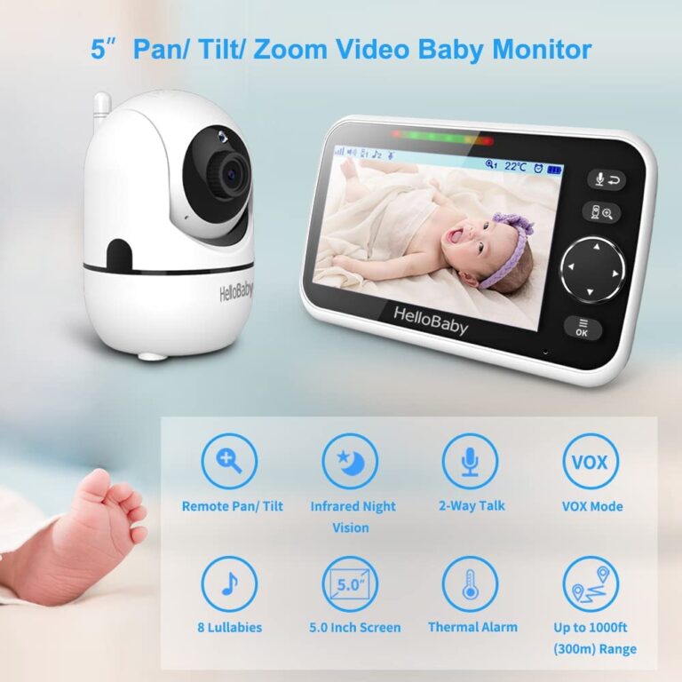 HelloBaby HB6550 5" Baby Monitor 4 Cameras No WiFi, 26-Hour Battery, Pan-Tilt-Zoom, 1000ft Range Video Audio Baby Monitor, ECO, Night Vision, 2-Way Talk, 8 Lullabies and Temperature, Ideal Gifts - Image 5