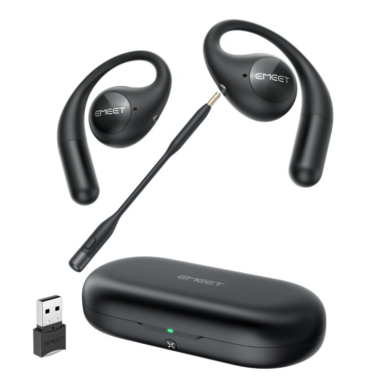EMEET AirFlow Open Ear Headphones with Mic, Bluetooth 5.3 Wireless Headsets with Detachable Microphone, ENC Noise Cancelling, Multipoint Pairing, Ultra Comfort, Wireless Earbuds for Work, home, office