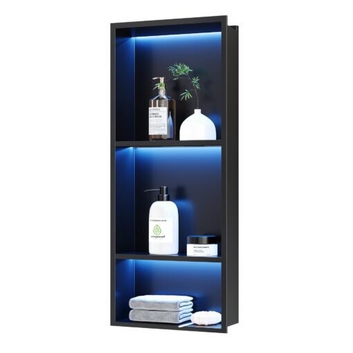 Neohomee 3-Tiers 12x30Inch Wall Niche with RGB LED Light Strips, Matte Black Recessed Shower Niche Cabinet, Stainless Steel Bathroom Shelf, NO Tile Needed Storage Organizer for Shower Wall