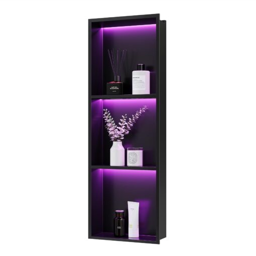 Neohomee 3-Tiers 12x36Inch Wall Niche with RGB LED Light Strips, Matte Black Shower Niche Cabinet, Stainless Steel Bathroom Shelf, NO Tile Needed Recessed Niche Storage Organizer, 80846301