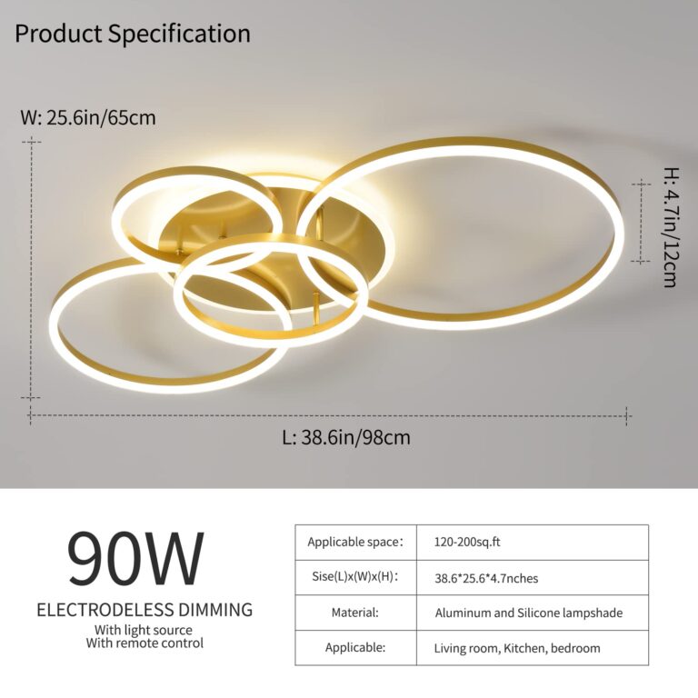 Modern LED Ceiling Light 90W Dimmable Ceiling Light Fixture with Remote Control 5 Rings Flush Mount Ceiling Light Gold Acrylic Chandelier LED for Living Room Bedroom Kitchen Light fixtures(4+1G01) - Image 4