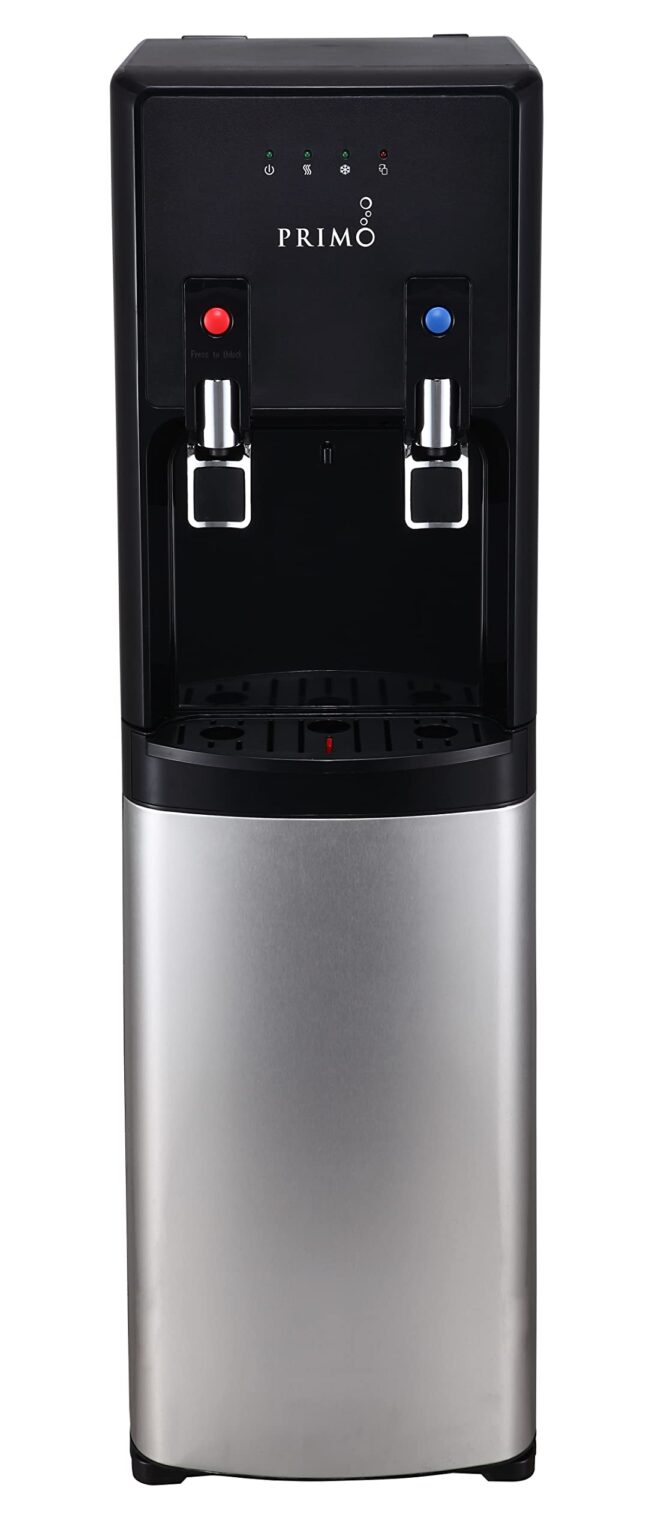 Primo Bottom-Loading Water Dispenser - 2 Temp (Hot-Cold) Water Cooler Water Dispenser for 5 Gallon Bottle w/Child-Resistant Safety Feature, Black and Stainless Steel