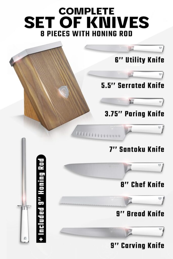 Dalstrong Knife Block Set - 8 Piece - Vanquish Series - Forged High Carbon German Steel - Kitchen Knife Set - Premium Wood Block - White POM Handle - NSF Certified - Image 8