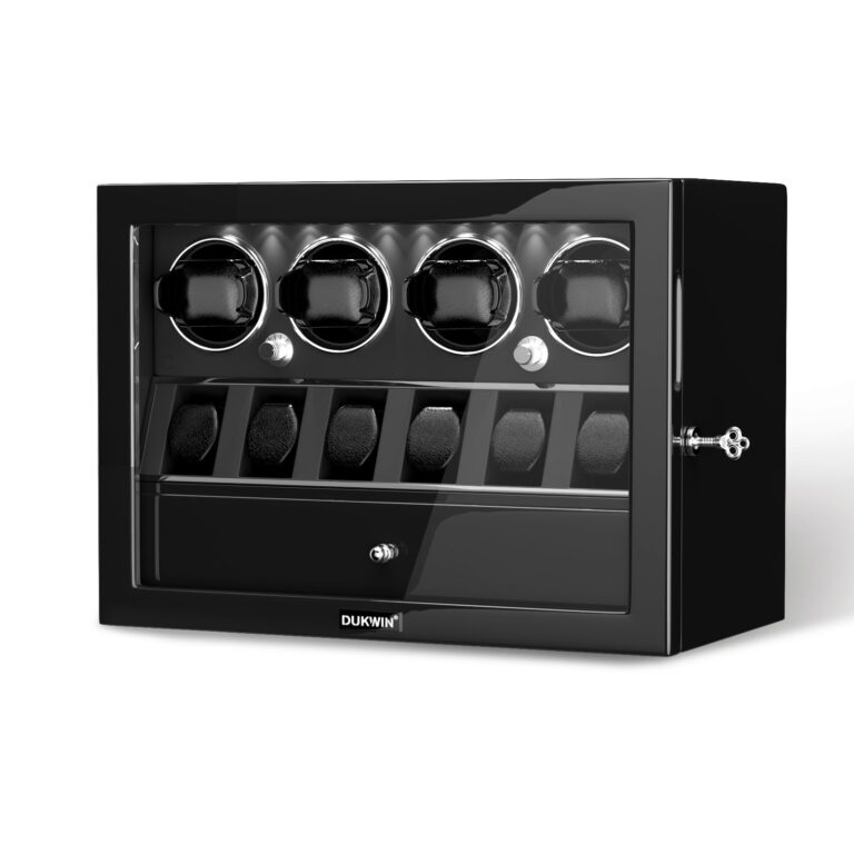 DUKWIN Watch Winder for 4 Automatic Watches, Watch Winders with Watch and Jewelry Storages, Super Quiet Mabuchi Motor with High-Gloss Piano Lacquer Finish,Built-in Illumination