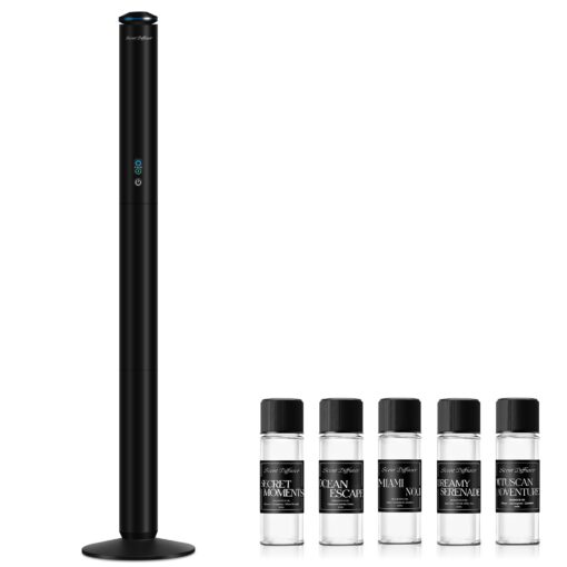 Waterless Scent Diffuser Starter Kit - 2000 Sq Ft Coverage, Luxury Hotel Scent Diffuser, Diffusers for Essential Oils Large Room, Included 5 Scent Oils, Remote Control, Black, 40In