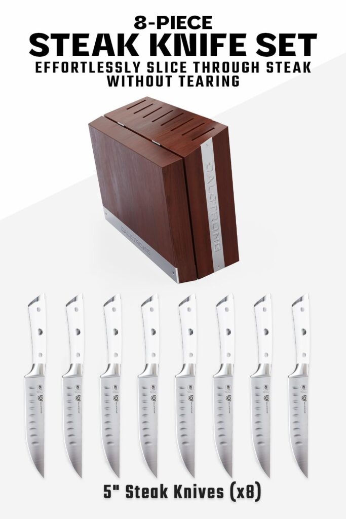 Dalstrong Steak Knife Set with Folding Block - 8 Pc - Gladiator Series - 5" Straight Edge Blade - Forged High-Carbon German Steel - w/Modular Storage Block - Glacial White ABS Handle - NSF Certified - Image 8
