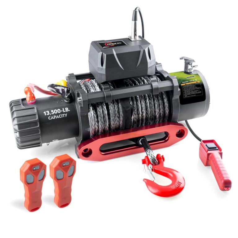 GRIPWAY 13500lb Waterproof Electric Black Synthetic Rope Winch with Hawse Fairlead, Infrared Remote Control and Wired Control