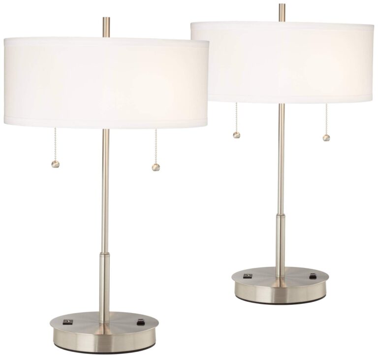 360 Lighting Nikola Modern Accent Table Lamps 23.75" High Set of 2 with Hotel Style USB and AC Power Outlet Slim Silver White Drum Shade for Living Room Desk Bedroom House Bedside Nightstand