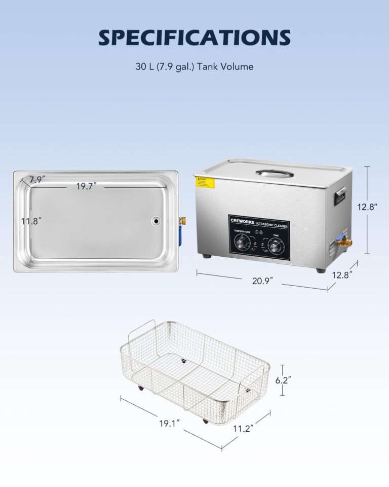 CREWORKS 30L Ultrasonic Cleaner with Heater & Timer, 600W 304 Stainless Steel Sonic Cleaner, 7.9 gal Ultrasonic Parts Cleaner with Knobs, Professional Lab Ultrasonic Cleaner for Auto Tool Machine Part - Image 3