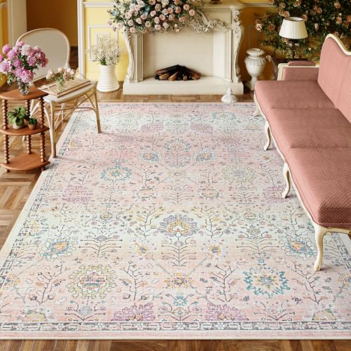 Lahome Pink Boho Area Rug, 8x10 Rugs for Bedroom Girls Living Room, Soft Floral Washable Non Slip Pastel Floor Carpet for Home Decor