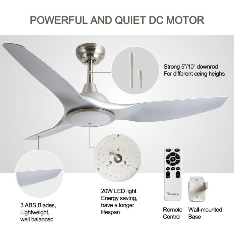 Fanliving 52 Inch Quiet DC Motor Ceiling Fan with Light Remote Control, Indoor 3 Blade Silver Modern Ceiling Fan for Bedroom Living Room Porch - Image 4