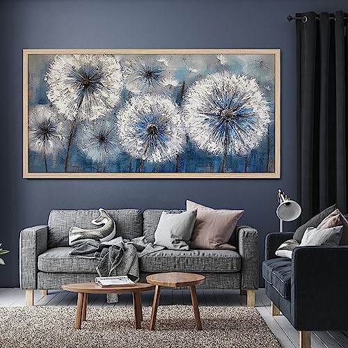 Blue Framed Wall Art Large Dandelion Painting Wall Art Decor Canvas Print Picture for Living Room White Flower Flora Plant Home Bedroom Decoration Modern Framed Artwork