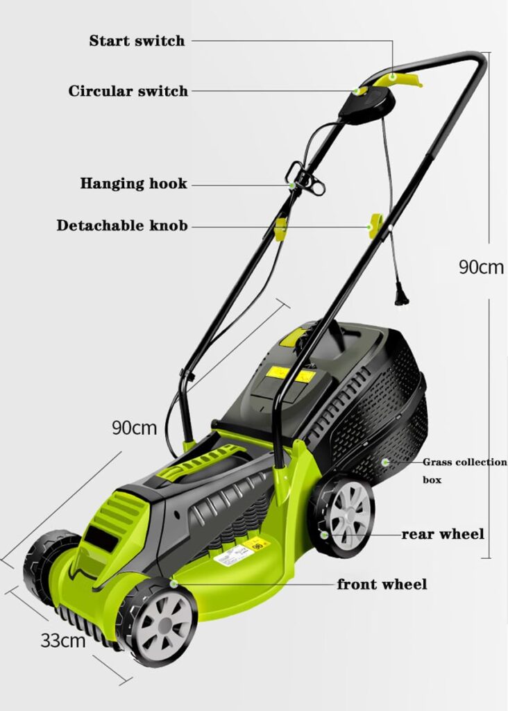 BVFNKQSC 1600W Powerful Electric Lawn Mower, Hand Pushed Cordless Electric Household Lawn Mower, with Adjustable Cutting Height in 3 Gears,Green - Image 5