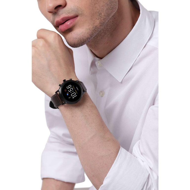 Fossil 44mm Gen 5 Carlyle Stainless Steel and Leather Touchscreen Smart Watch, Color: Black, Brown (Model: FTW4026) - Image 2
