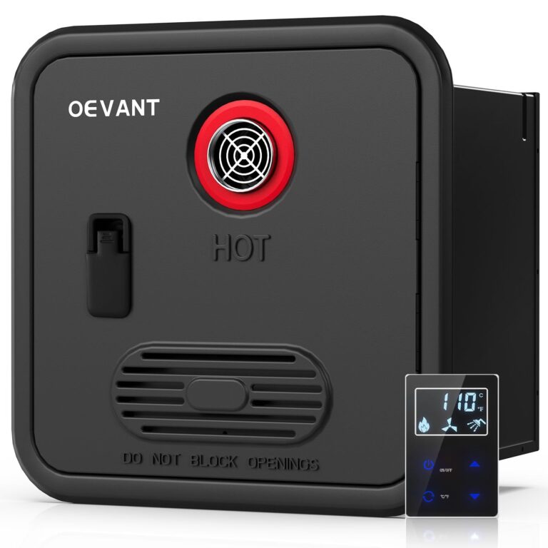 OEVANT RV Tankless Water Heater,55,000 BTU RV Instant Water Heater with Remote Controller,16x16 inch Door＆Front Water Outlet,Propane Gas, DC 12V, CSA Certificated, Compatible with All RVs-Black