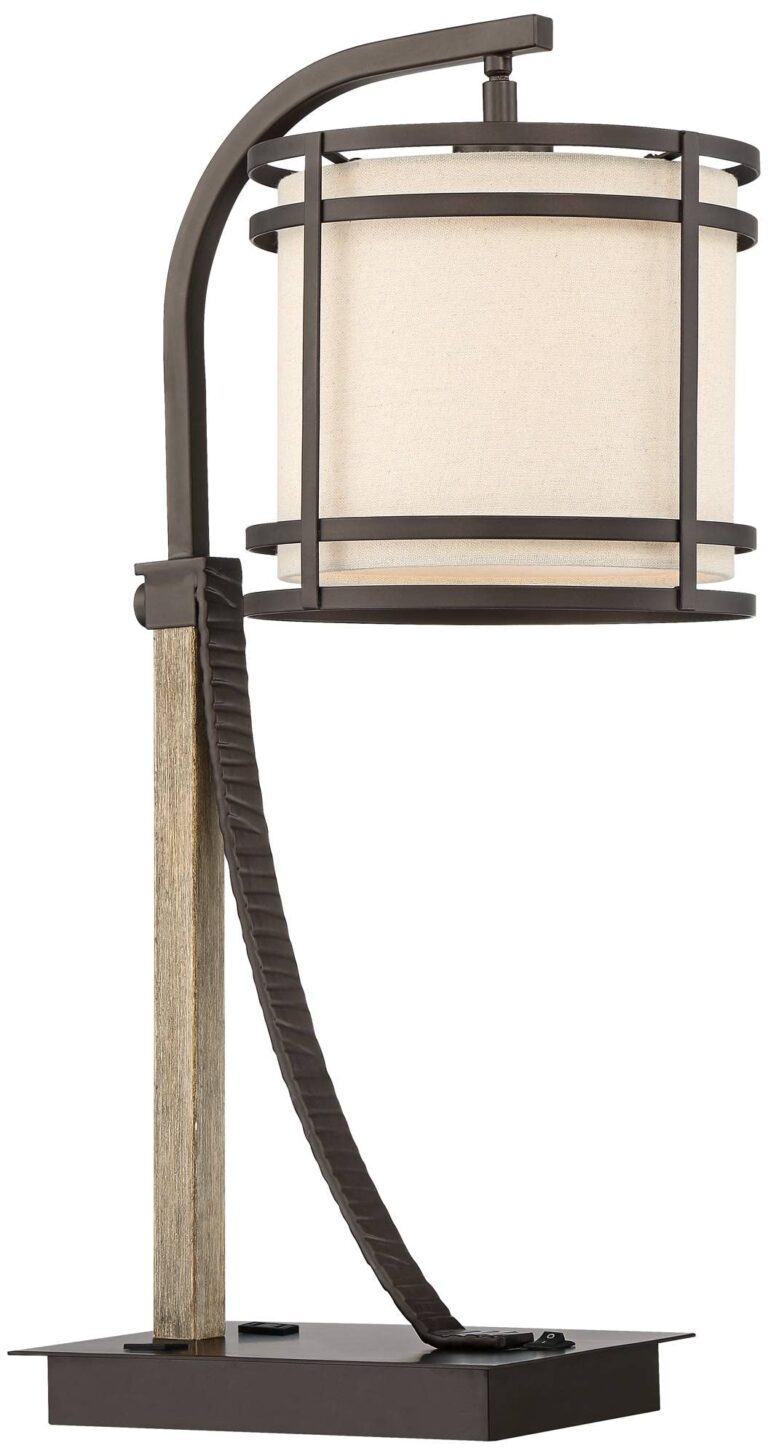 Franklin Iron Works Gentry Industrial Desk Table Lamp 22" High with USB and AC Power Outlet in Base Oil Rubbed Bronze Faux Wood Metal Cage Oatmeal Drum Shade for Bedroom Living Room House Desk - Image 3