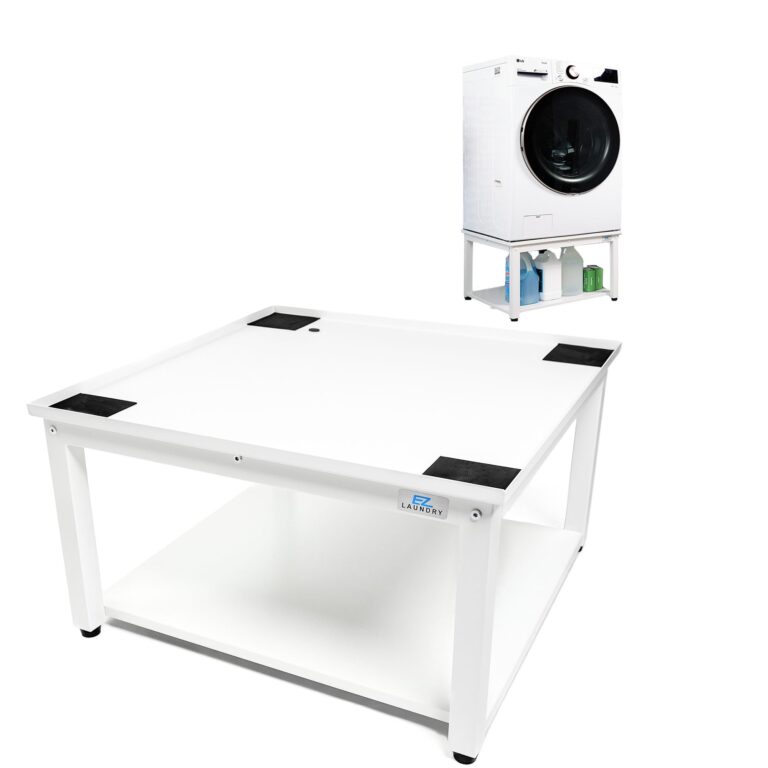 EZ Laundry - Laundry Pedestal for Washer/Dryer, 27" Anti-Vibration Steel Stand with Adjustable Feet Elevates 16", Includes Drain Pan & Hose (White)