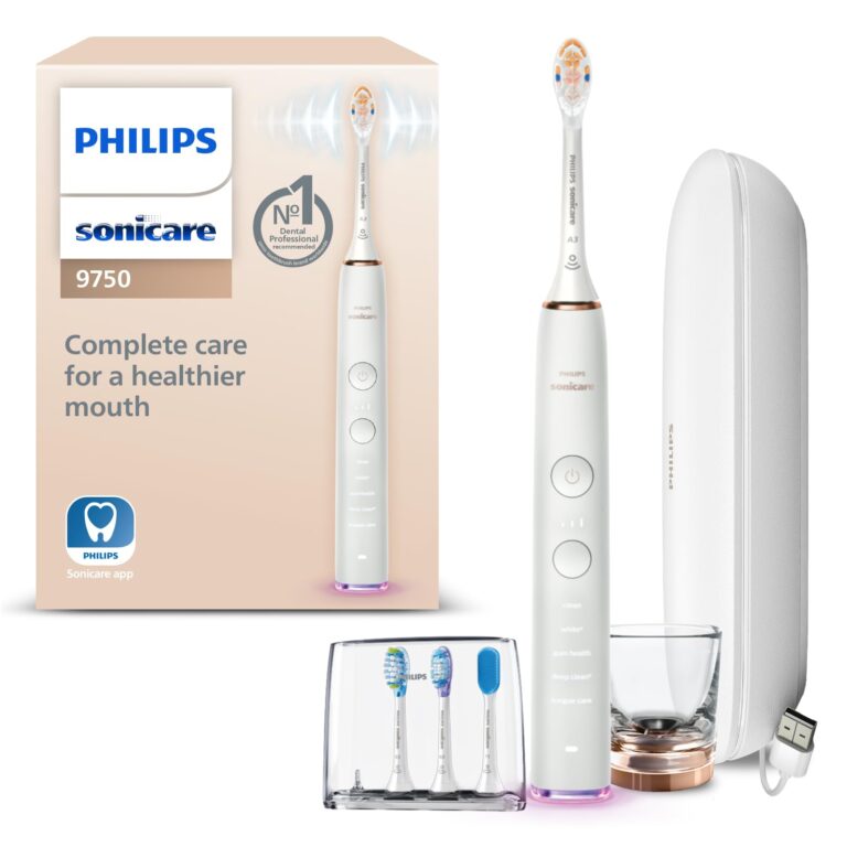 Philips Sonicare DiamondClean Smart 9750 Electric Toothbrush, Sonic Toothbrush with App, Pressure Sensor, Brush Head Detection, 5 Brushing Modes and 3 Intensity Levels, Rosegold, HX9924/67