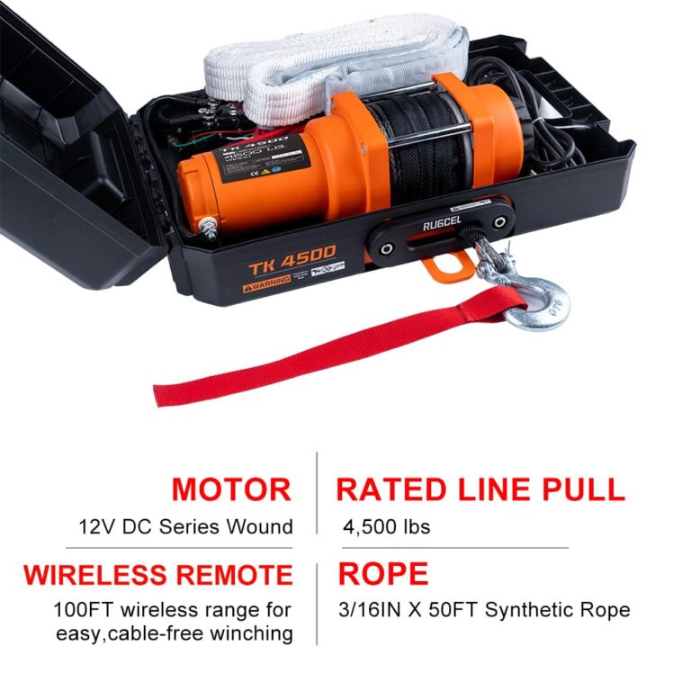 RUGCEL WINCH 12V DC Electric Portable Utility Winch 4500lb/2041kg Single Line Pull with Steel Mounting Plate, Integrated Hawse Fairlead and Synthetic Rope,Wiress Remote, Black - Image 7
