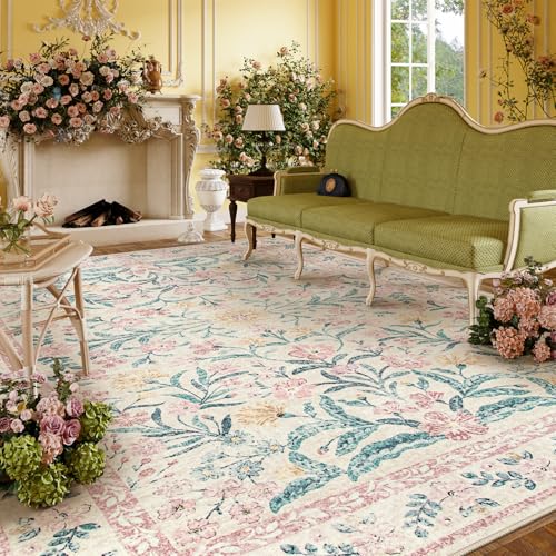 Lahome Large Rugs for Living Room,Boho Machine Washable Area Rugs 8x10,Ultra-Thin Floral Rug Non Slip,Vintage Distressed Soft Carpet for Bedroom Office Dining Room,Pink/Multi