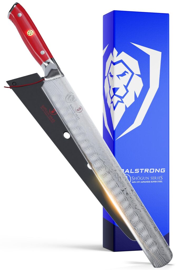 Dalstrong Slicing Carving Knife - 12 inch Granton Edge - Shogun Series - Damascus - Japanese AUS-10V Super Steel Kitchen Knife - Vacuum Treated - Crimson Red ABS Handle - Razor Sharp Knife - w/Sheath