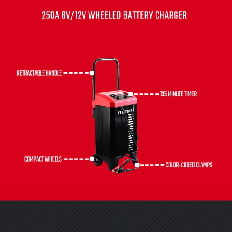 CRAFTSMAN Wheeled Battery Charger and Engine Starter, CMXCESM233, 2-in-1 Manual Timer Controlled, 250 Cranking Amps, 6 Volt, 12 Volt, for Car, SUV, Truck, and Marine Batteries - Image 6