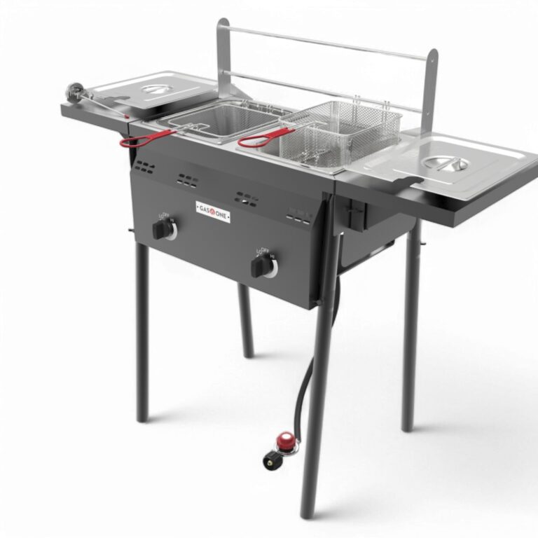 GasOne Outdoor Propane Deep Fryer - Double Burners, 16 Qt Stainless Steel, Removable Baskets & Lids, Oil Fryer Cart with Thermometer & Regulator - Perfect for Outdoor Cooking & Commercial Use