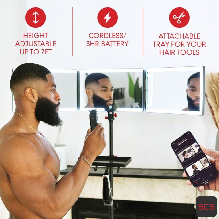 Self-Cut System Angel Lights Tripod 3-Way Mirror – Height Adjustable Trifold Barber Mirror to Cut Your Own Hair – Includes Attachable Clipper & Trimmer Tray - Image 3