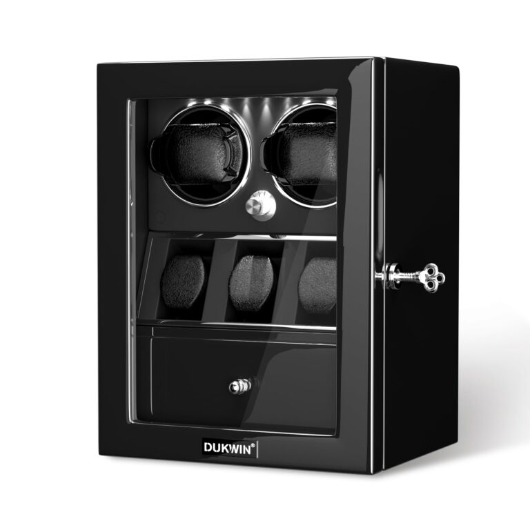DUKWIN Watch Winder for 2 Automatic Watches,Lockable Watch Winders with Watch and Jewelry Storages, Super Quiet Mabuchi Motor with High-Gloss Piano Lacquer Finish,Built-in Illumination Black