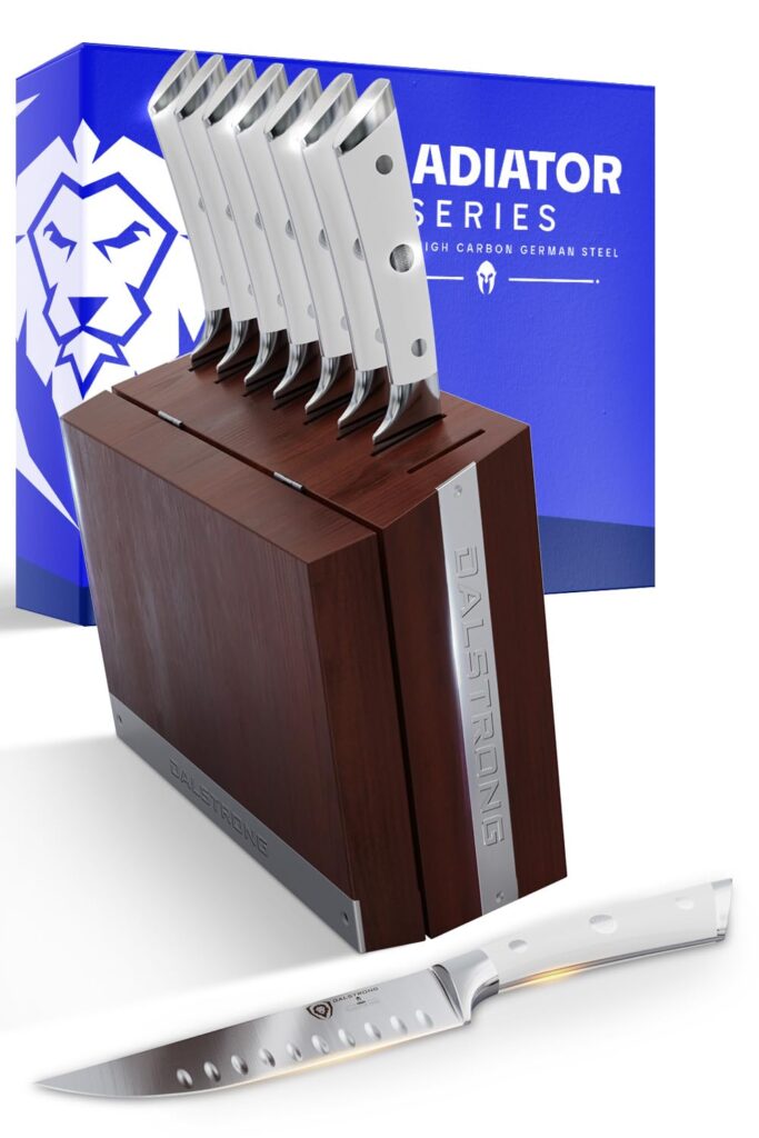 Dalstrong Steak Knife Set with Folding Block - 8 Pc - Gladiator Series - 5" Straight Edge Blade - Forged High-Carbon German Steel - w/Modular Storage Block - Glacial White ABS Handle - NSF Certified