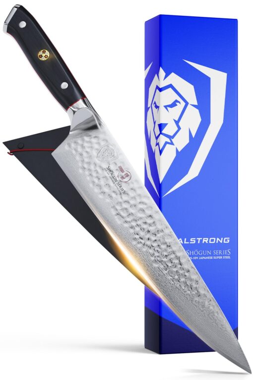Dalstrong Chef Knife - 10.25 inch Blade - Shogun Series ELITE - Damascus - Japanese AUS-10V Super Steel - G10 Black Handle - Razor Sharp Kitchen Knife - Hammered Finish - Chef's Knife - Sheath