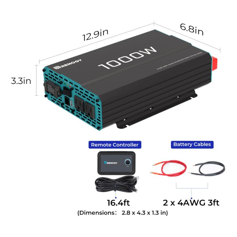 Renogy 1000W Pure Sine Wave Inverter 12V DC to 120V AC Converter for Home, RV, Truck, Off-Grid Solar Power 110V with Built-in 5V/2.1A USB Port, Hardwire Remote Controller - Image 2